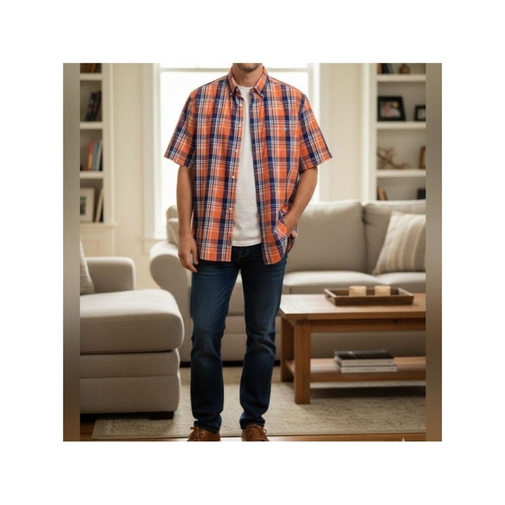 Men's Orange Plaid Short-Sleeve Button-Up Shirt